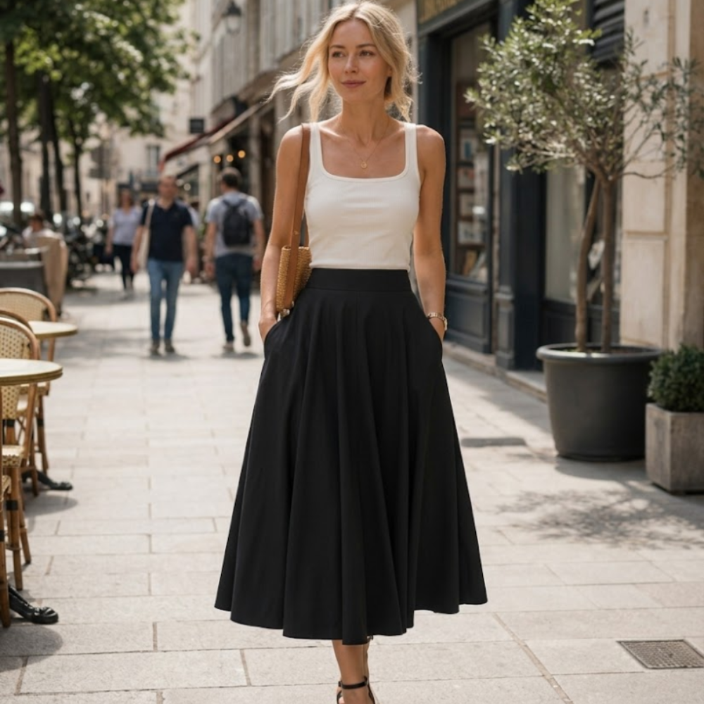 Falda midi de jade para mujer – falda fluida de cintura alta con bolsillos