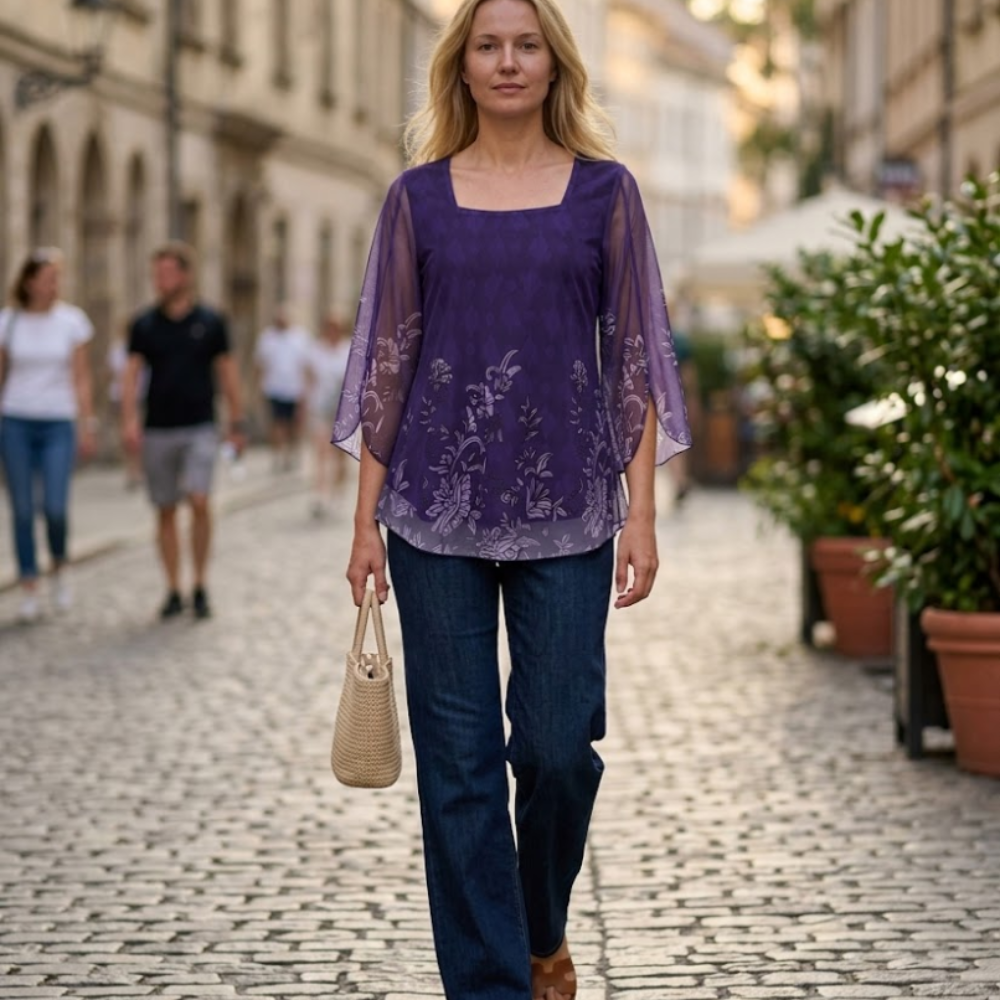 Giada Blouse Femme – Col Carré, Manches 3/4 Volants, Tunique Chiffon Élégante