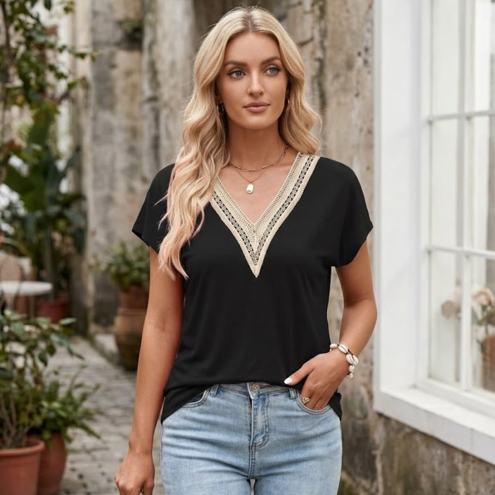 Elena Blouse Femme – Col en V avec Dentelle, Manches Courtes, Tunique Boho Décontractée