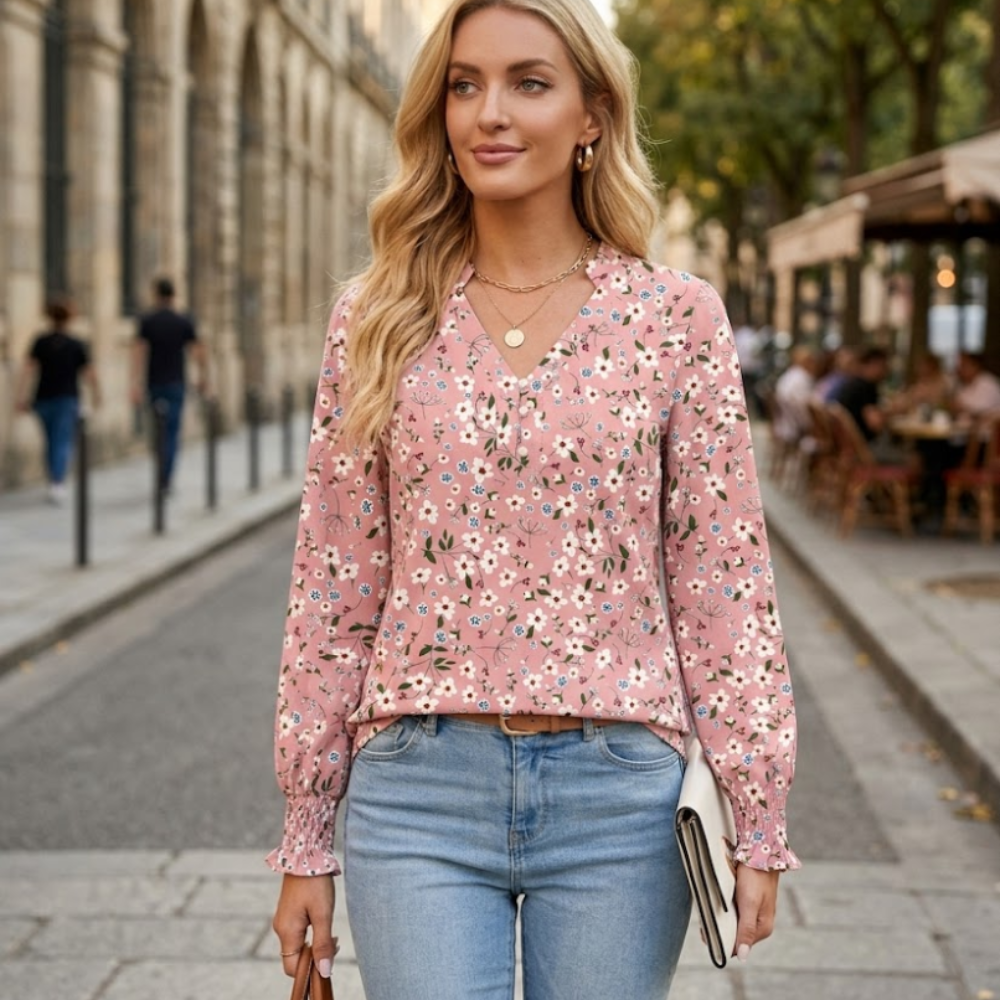 Beatrice Blusa Mujer – Escote en V, Mangas Largas Abullonadas, Túnica Elegante Casual