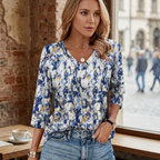Claudia Túnica Mujer – Escote en V, Mangas 3/4, Blusa Casual Holgada Básica