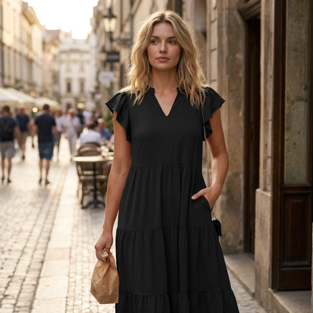 Francesca Robe Midi Femme – Col en V, Manches Volantées, Boho Ligne A Estivale