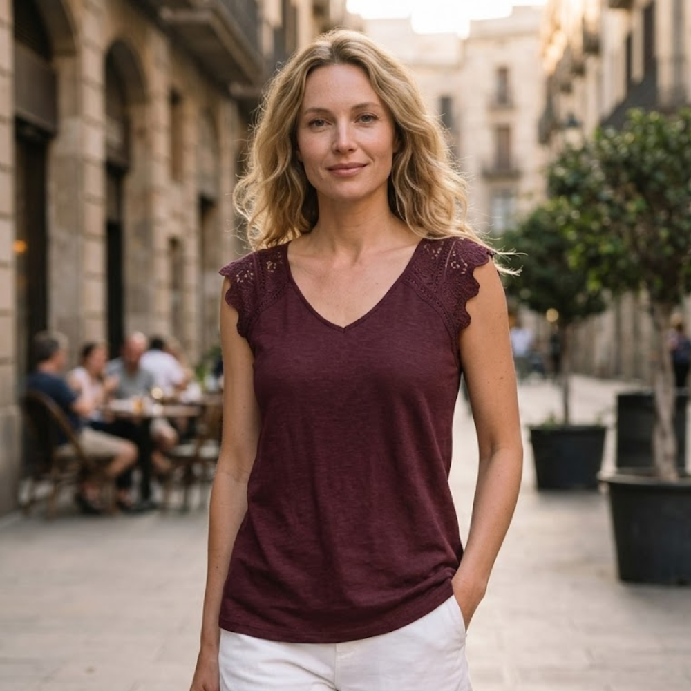 Sofia T-shirt Femme Dentelle – Manches Courtes, Col Rond, Haut Élégant Décontracté Estival