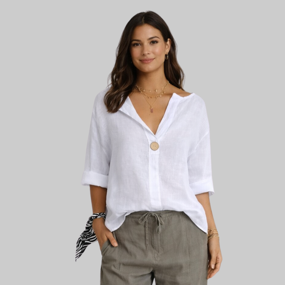 Blossom Blusa Mujer Elegante – Camisa con Escote en V en Algodón y Lino Casual