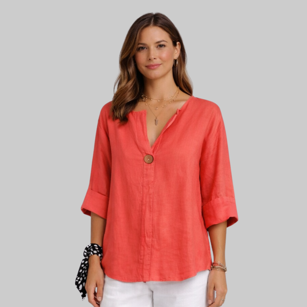 Blossom Blusa Mujer Elegante – Camisa con Escote en V en Algodón y Lino Casual