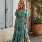 Elisa Robe Femme Maxi Bohème – Col en V Boutons, Robe Florale d'Été Élégante