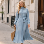 Elena Robe Femme Midi Plissée – Col Col Montant, Ceinture Réglable Élégante