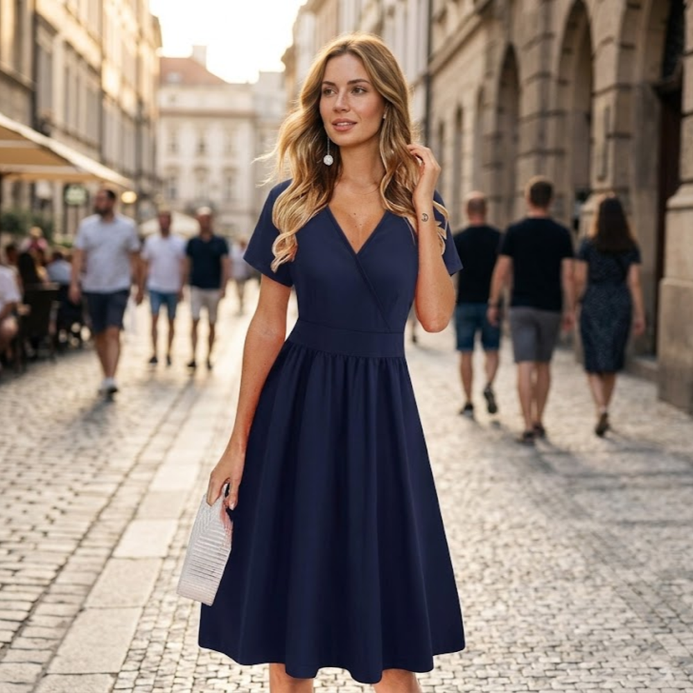 Ruby Women's Wrap Dress – Midi Dress with V-Neck, Short Sleeves, and Pockets