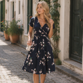 Sophie Robe Midi Femme Portefeuille – Col en V, Poches, Robe Florale Élégante