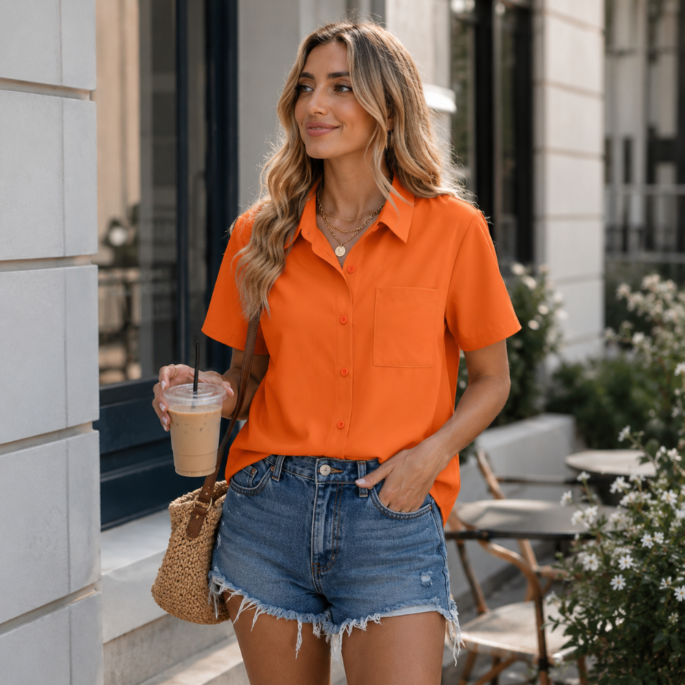 Alessia Camisa Mujer – Botones, Mangas Cortas, Casual Elegante Oficina Ligera