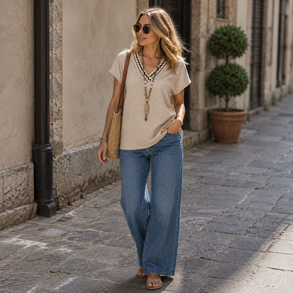 T-shirt Francesca Femme – Col en V, Haut Casual Élégant, Manches Courtes d'Été