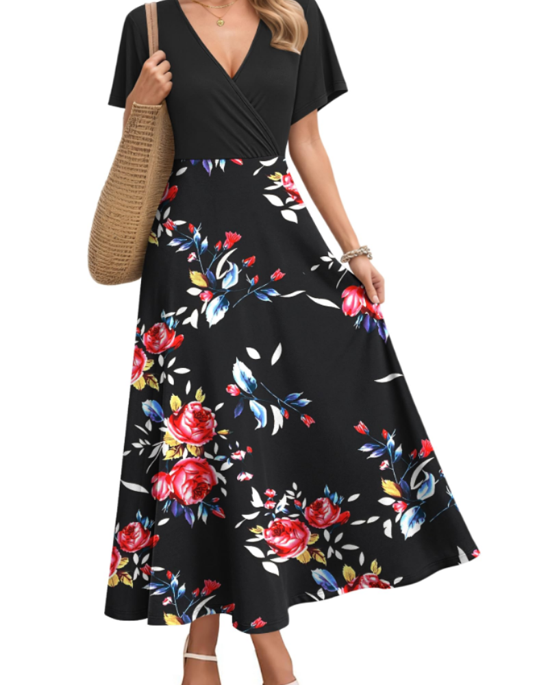 Isabelle Damen Maxikleid – Künstlerisches Kleid mit V-Ausschnitt & hoher Taille