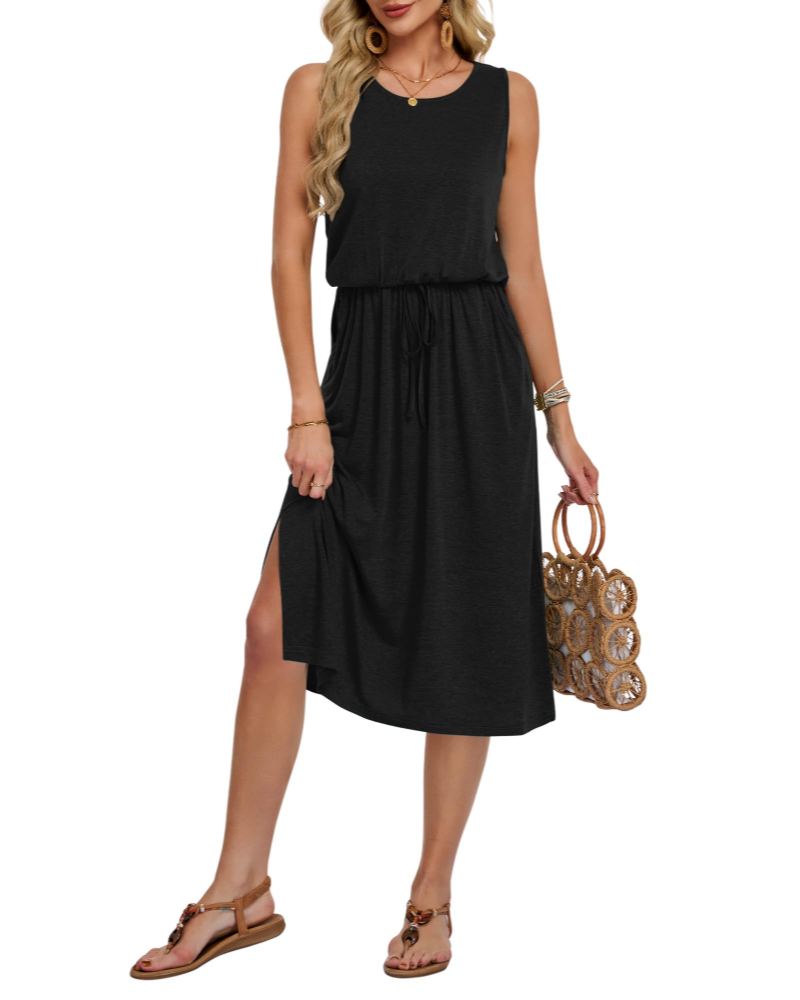 Ariana Women's Midi Dress – Sleeveless Dress with Pockets, Belt & Side Slit