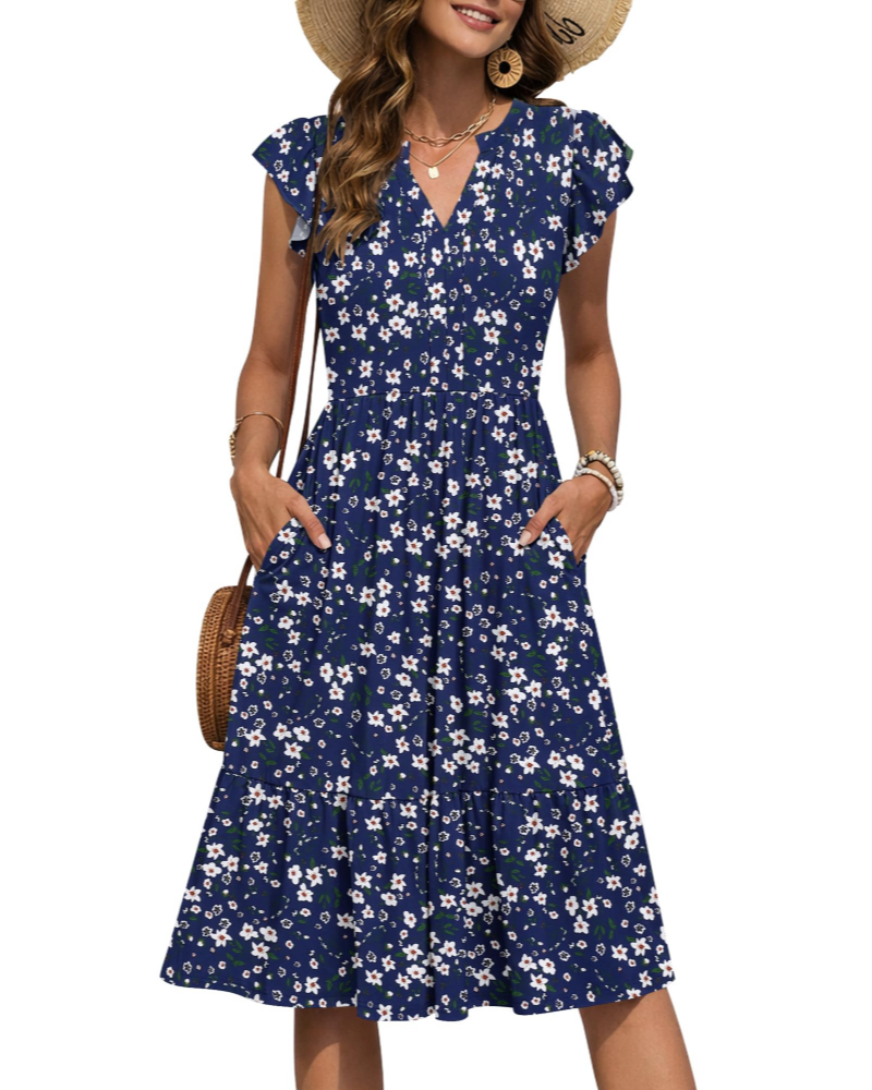 Camilla Damen Midi-Kleid – Blumenkleid mit V-Ausschnitt & Volant-Ärmeln