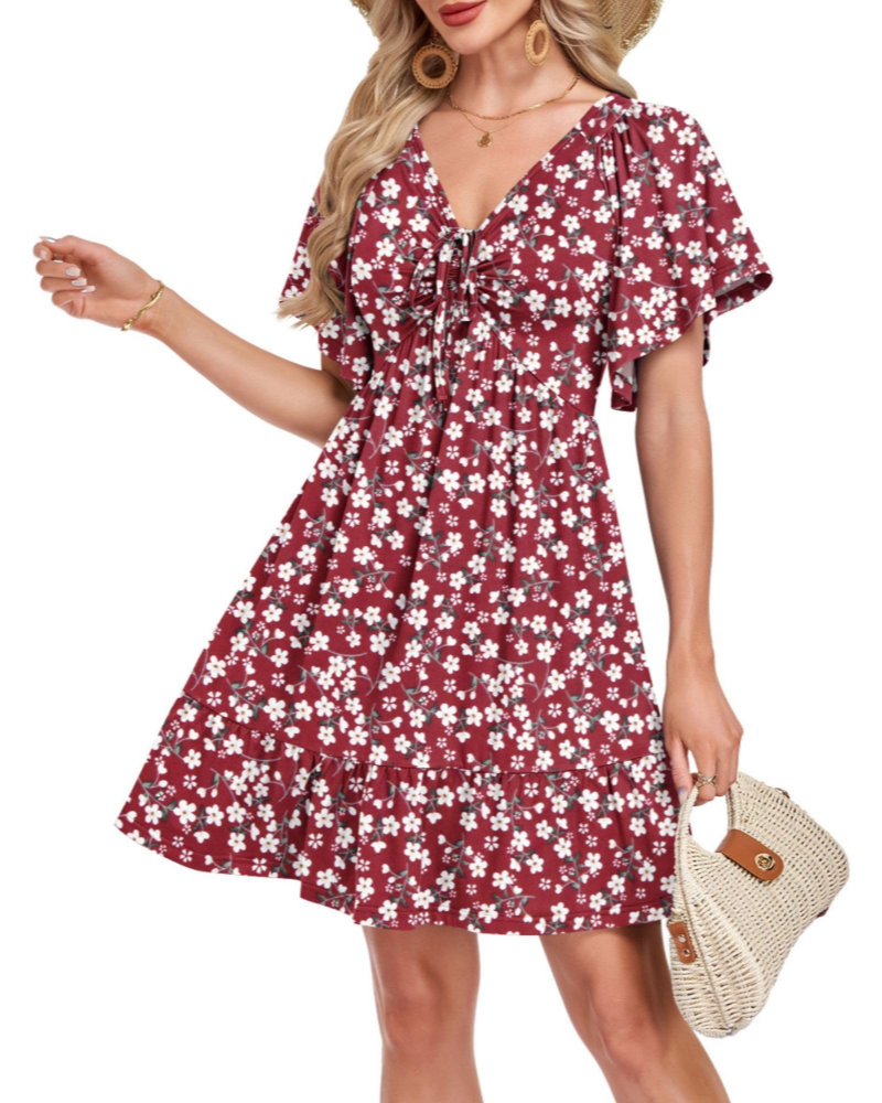 Florence Damen Sommerkleid – A-Linien-Kleid mit V-Ausschnitt, Kordelzug und Taschen