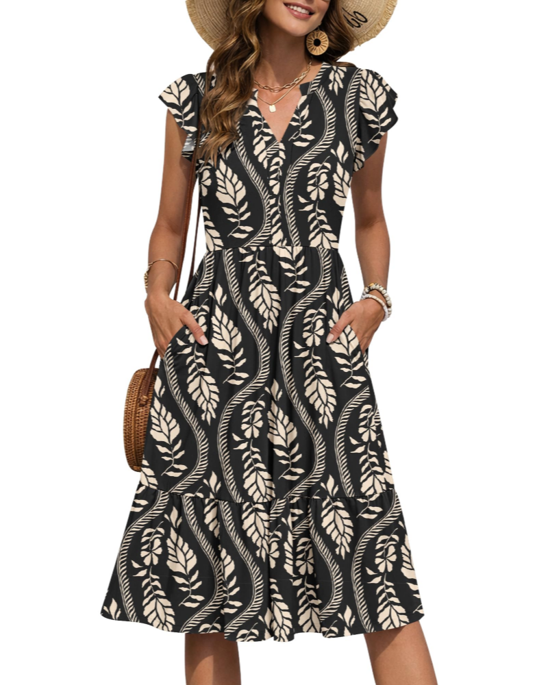 Camilla Damen Midi-Kleid – Blumenkleid mit V-Ausschnitt & Volant-Ärmeln