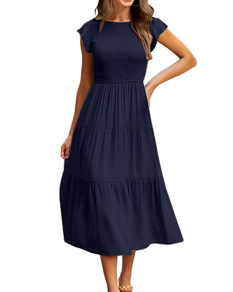 Sabrina Damen Maxikleid – Stufenkleid mit hoher Taille & Volant-Ärmeln