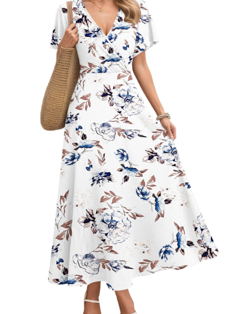 Isabelle Damen Maxikleid – Künstlerisches Kleid mit V-Ausschnitt & hoher Taille