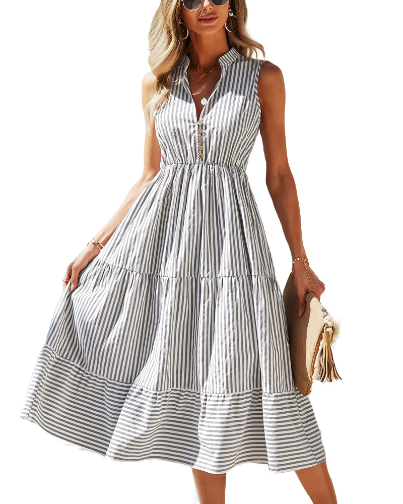 Audrey Damekjole – Ermeløs stripet kjole med V-hals, knapper og ledig passform