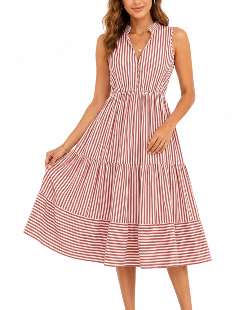Audrey Robe Femme – Robe à Rayures Sans Manches avec Col en V, Boutons et Coupe Fluide