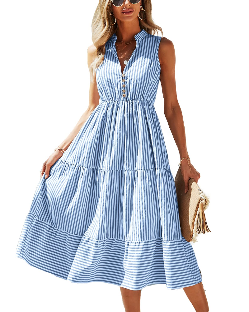 Audrey Robe Femme – Robe à Rayures Sans Manches avec Col en V, Boutons et Coupe Fluide