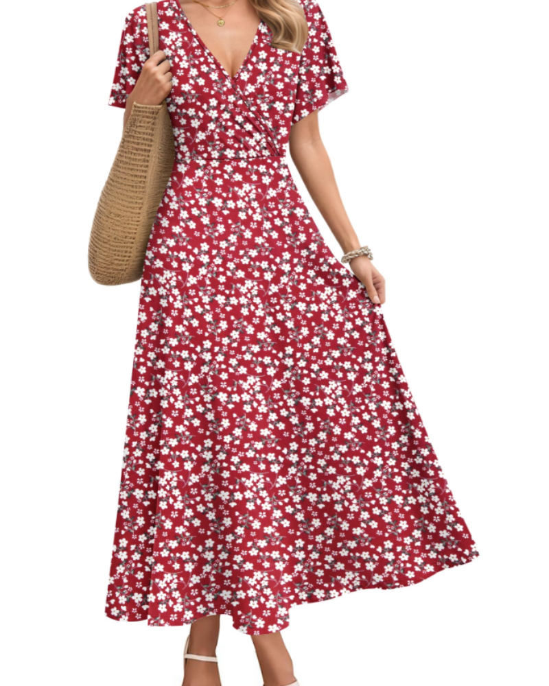 Isabelle Damen Maxikleid – Künstlerisches Kleid mit V-Ausschnitt & hoher Taille