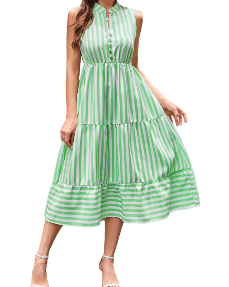 Audrey Robe Femme – Robe à Rayures Sans Manches avec Col en V, Boutons et Coupe Fluide