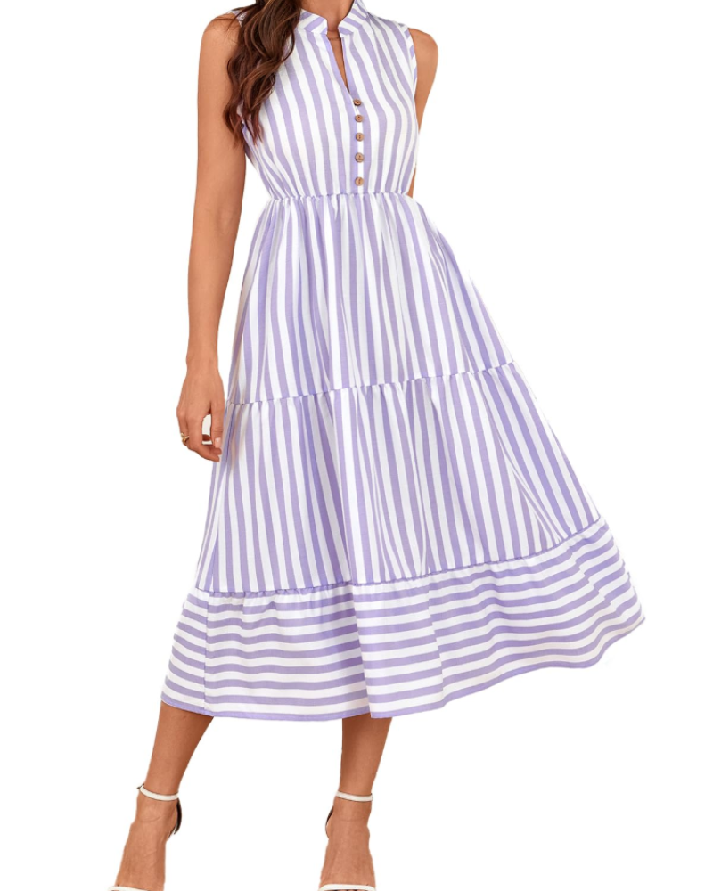 Audrey Robe Femme – Robe à Rayures Sans Manches avec Col en V, Boutons et Coupe Fluide