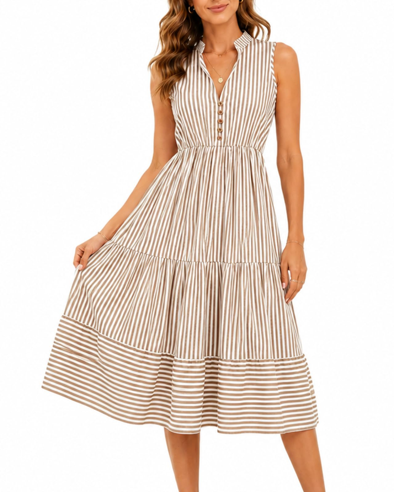 Audrey Robe Femme – Robe à Rayures Sans Manches avec Col en V, Boutons et Coupe Fluide