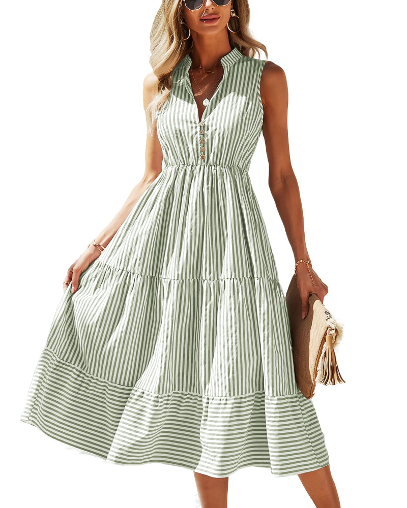 Audrey Robe Femme – Robe à Rayures Sans Manches avec Col en V, Boutons et Coupe Fluide