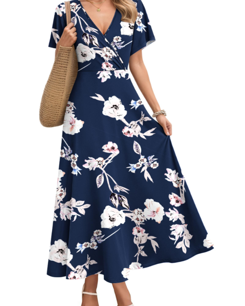 Isabelle Damen Maxikleid – Künstlerisches Kleid mit V-Ausschnitt & hoher Taille