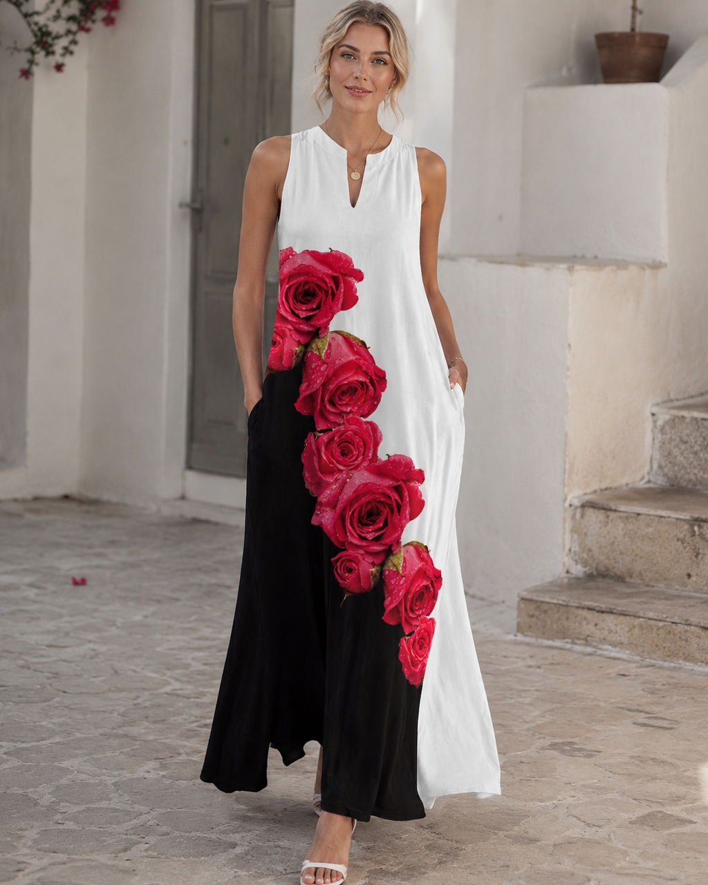 Scarlett Damen Maxikleid – Ärmelloses Sommerkleid mit V-Ausschnitt und Taschen