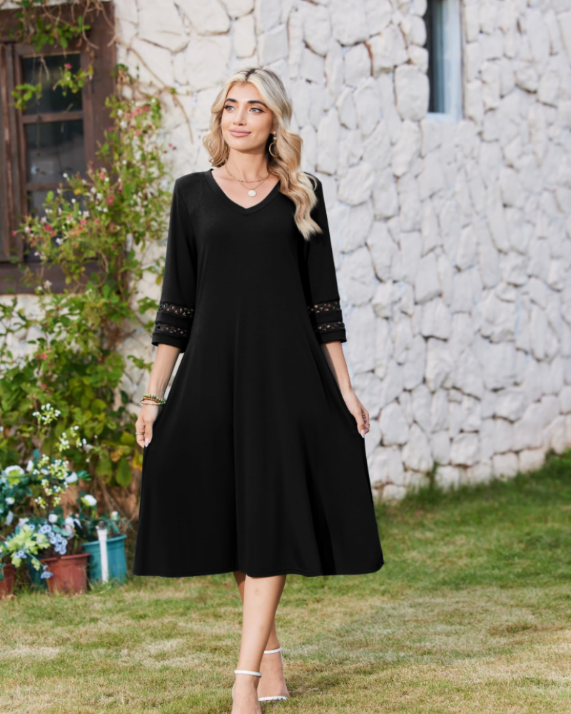 Valerie Abito Midi Woman – A-Line Dress with V-Neck & Lace Sleeves