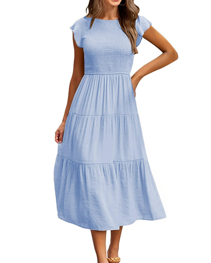Sabrina Damen Maxikleid – Stufenkleid mit hoher Taille & Volant-Ärmeln