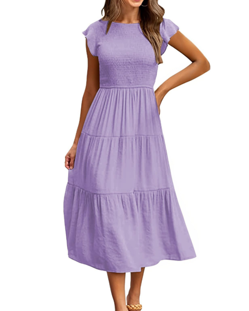 Sabrina Damen Maxikleid – Stufenkleid mit hoher Taille & Volant-Ärmeln