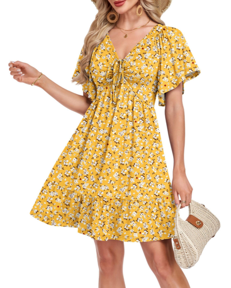 Florence Damen Sommerkleid – A-Linien-Kleid mit V-Ausschnitt, Kordelzug und Taschen