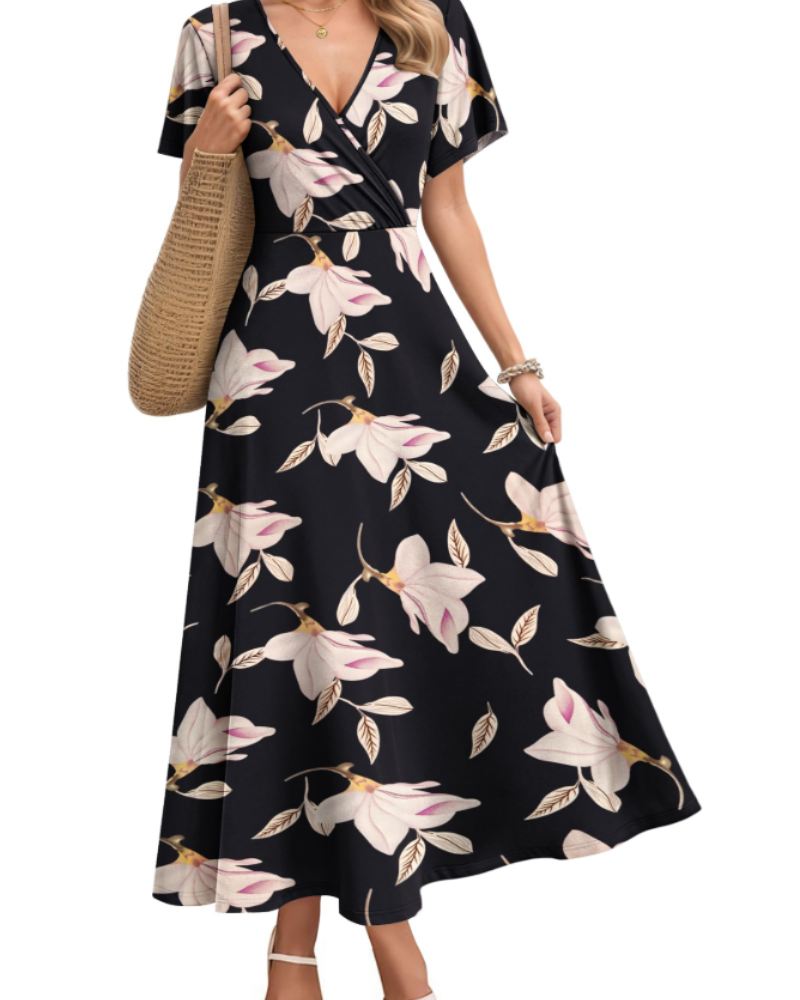 Isabelle Damen Maxikleid – Künstlerisches Kleid mit V-Ausschnitt & hoher Taille