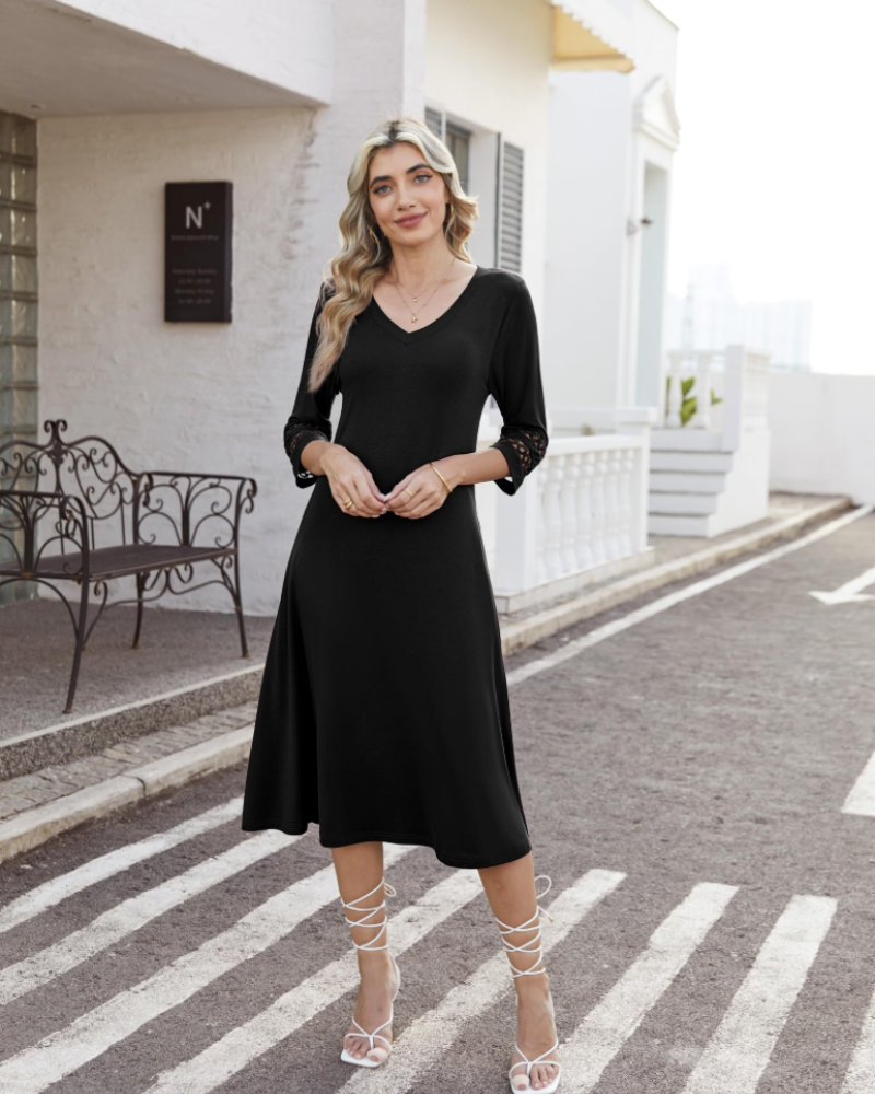 Valerie Abito Midi Woman – A-Line Dress with V-Neck & Lace Sleeves