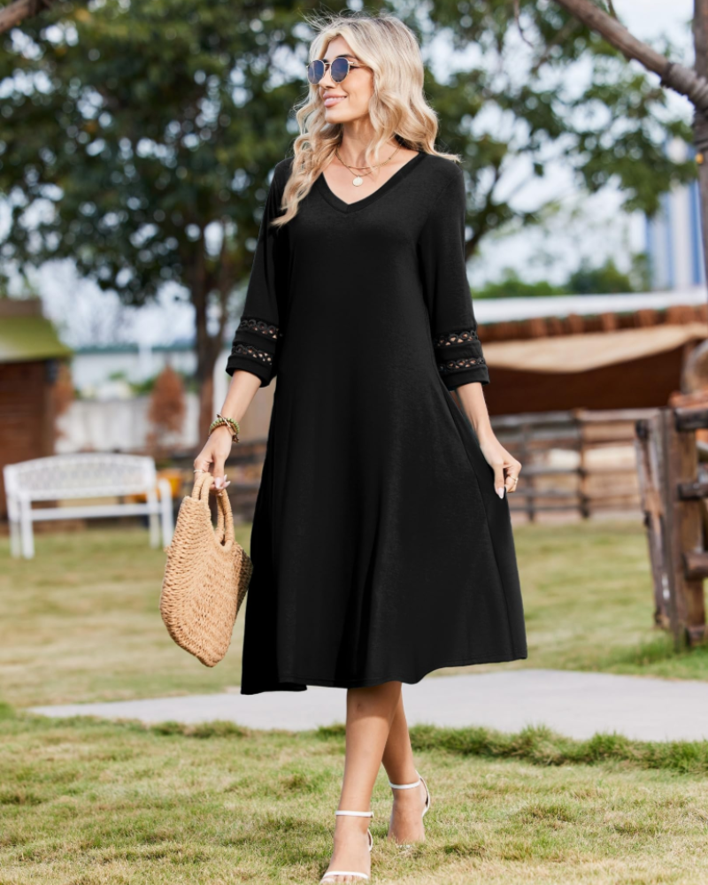 Valerie Abito Midi Woman – A-Line Dress with V-Neck & Lace Sleeves
