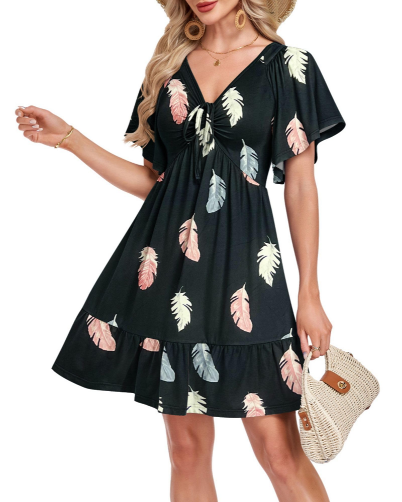 Florence Damen Sommerkleid – A-Linien-Kleid mit V-Ausschnitt, Kordelzug und Taschen