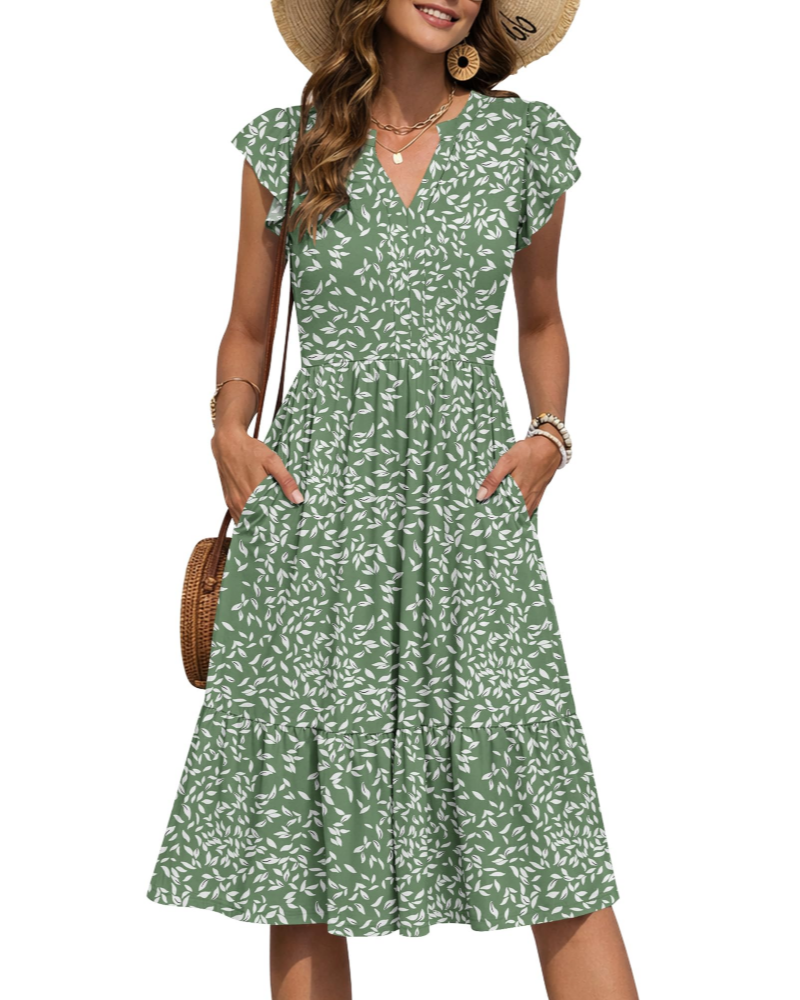 Camilla Damen Midi-Kleid – Blumenkleid mit V-Ausschnitt & Volant-Ärmeln
