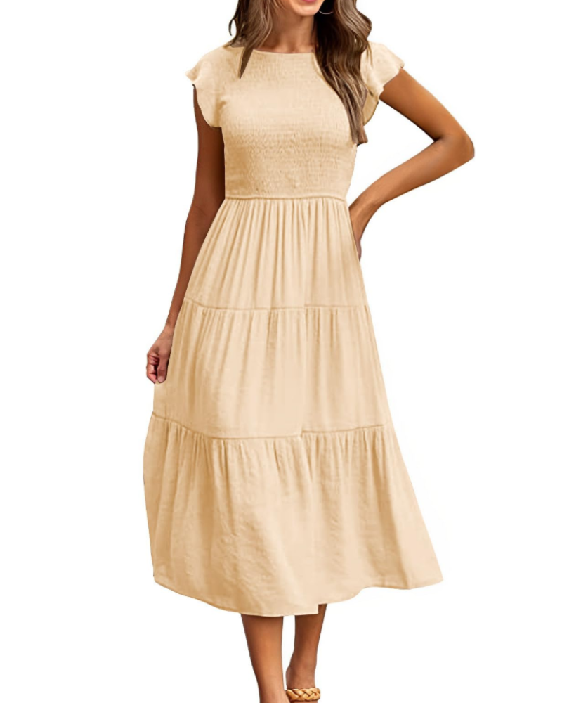 Sabrina Damen Maxikleid – Stufenkleid mit hoher Taille & Volant-Ärmeln