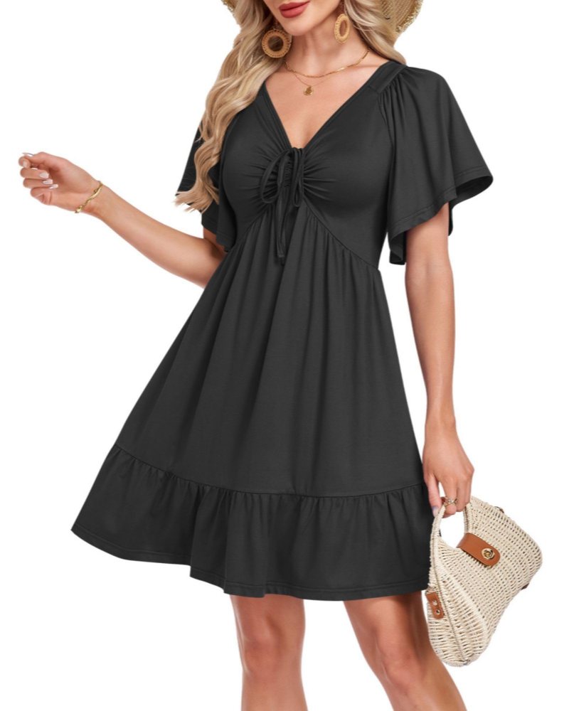 Florence Damen Sommerkleid – A-Linien-Kleid mit V-Ausschnitt, Kordelzug und Taschen