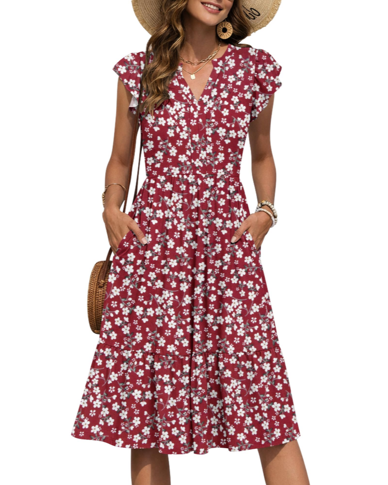 Camilla Damen Midi-Kleid – Blumenkleid mit V-Ausschnitt & Volant-Ärmeln