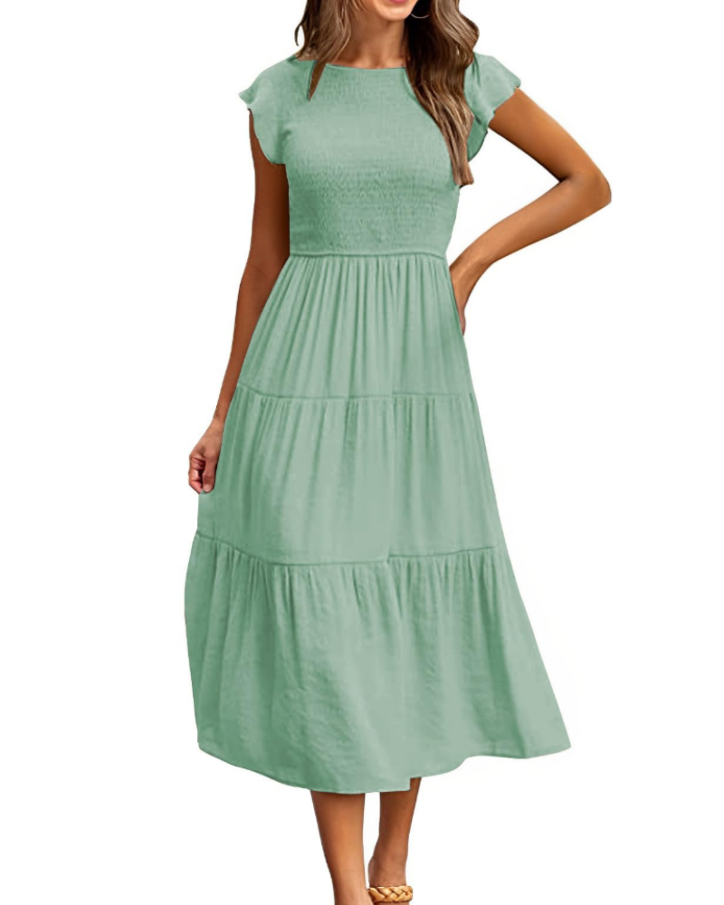 Sabrina Damen Maxikleid – Stufenkleid mit hoher Taille & Volant-Ärmeln