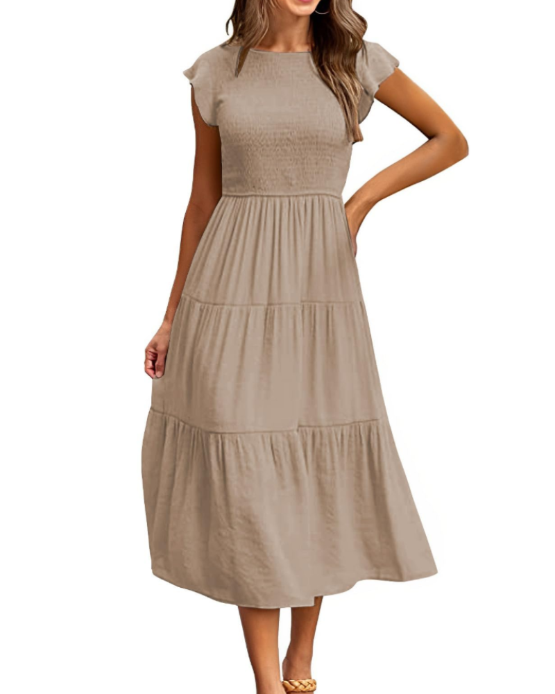 Sabrina Damen Maxikleid – Stufenkleid mit hoher Taille & Volant-Ärmeln