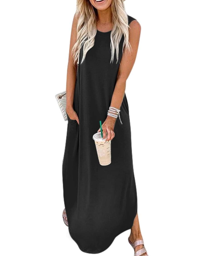 Mila Abito Donna – Vestito Maxi Senza Maniche con Spacco Laterale, Tasche & Fit Morbido
