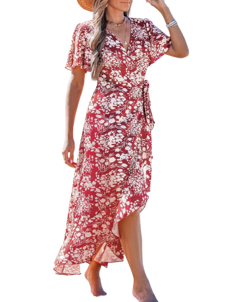 Rosalie Damen Maxikleid – Wickelkleid mit V-Ausschnitt & Volant-Saum