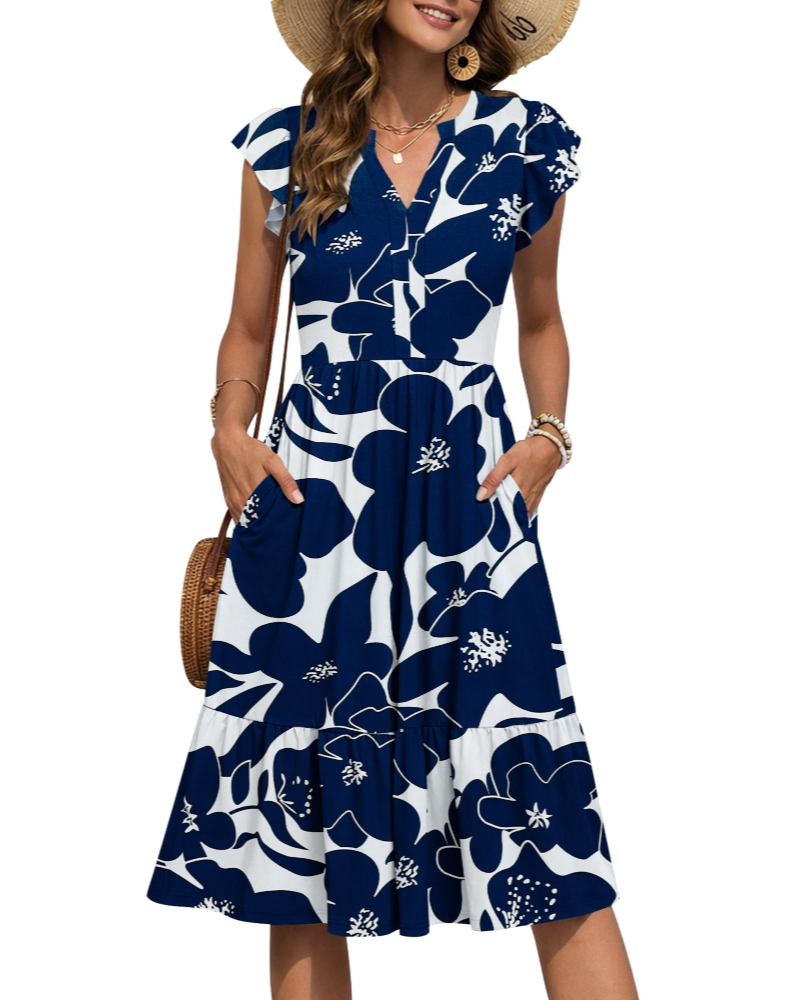 Camilla Damen Midi-Kleid – Blumenkleid mit V-Ausschnitt & Volant-Ärmeln