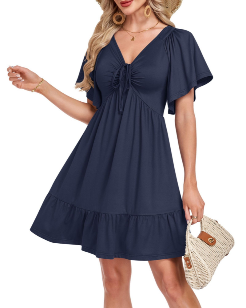 Florence Damen Sommerkleid – A-Linien-Kleid mit V-Ausschnitt, Kordelzug und Taschen